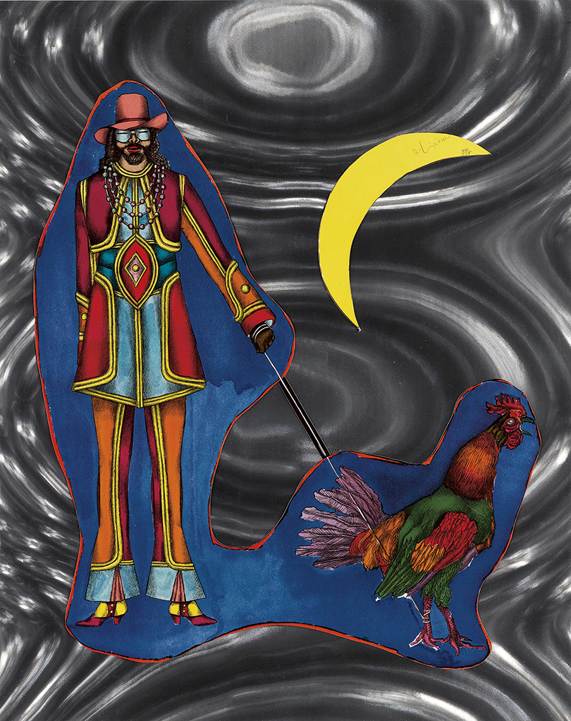 RICHARD LINDNER Man Walking a Rooster by a Crescent Moon.